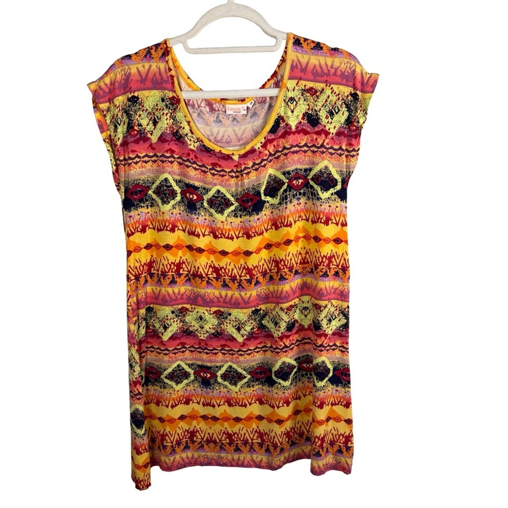 Laura T. Multicolor Patterned Tunic Top Size XS Y2K Boho Festival Abstract